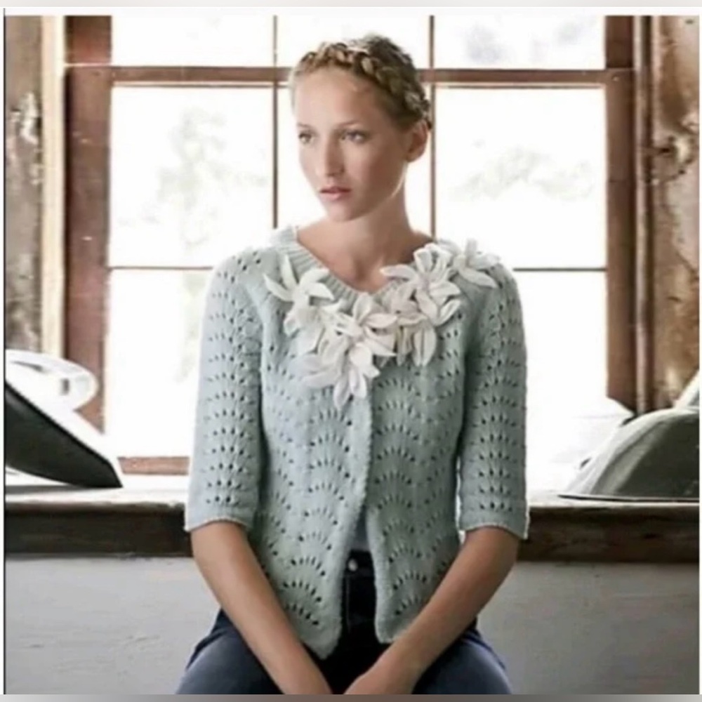 Vintage Anthropologie Field Flower Starflower Knit Wool Angora Cardigan Sweater